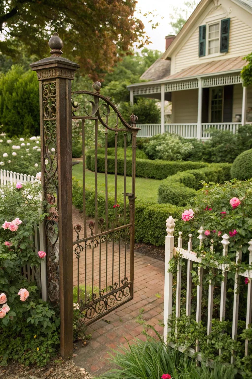 An antique-finished metal gate that brings vintage charm to your entrance.