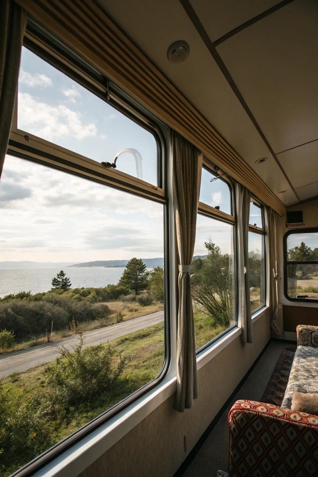 Large windows with a scenic view, enhancing natural light and offering a connection to the outdoors.