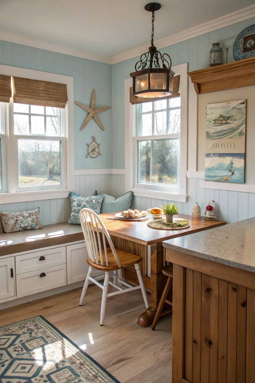 A breakfast nook adds coziness to this coastal kitchen.