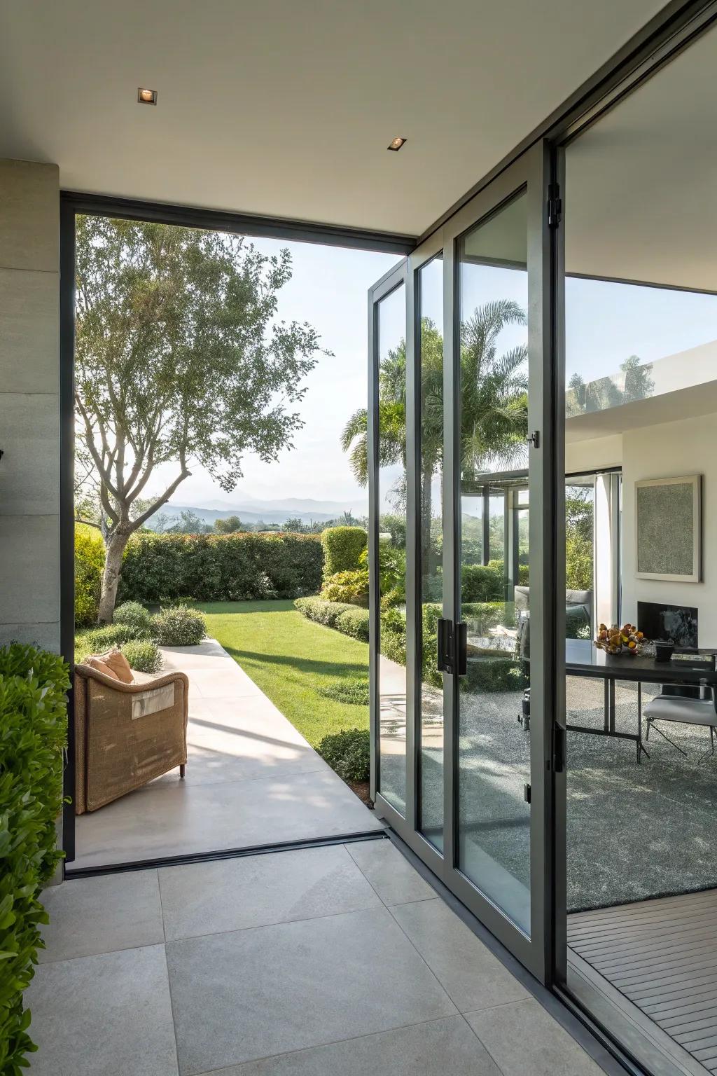 Glass doors create a seamless connection between indoor and outdoor spaces.