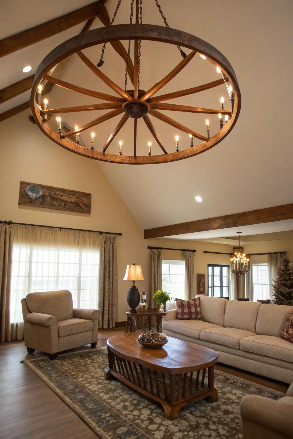 Wagon wheel chandeliers make a grand statement.