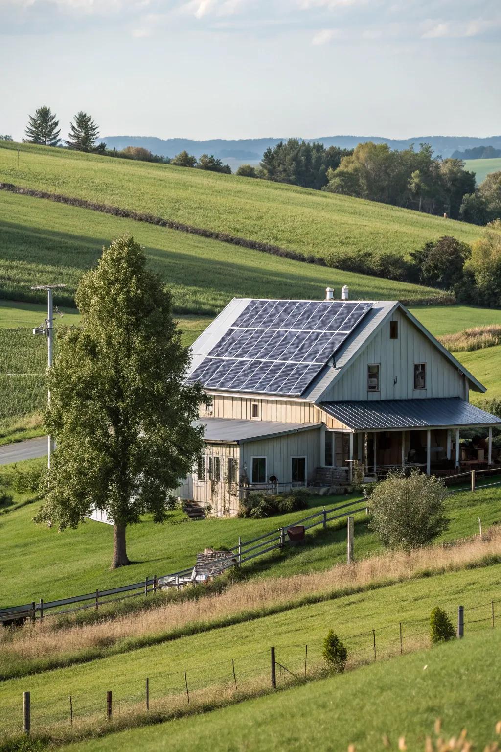 Sustainable innovation: A farmhouse with solar panels on a metal roof.