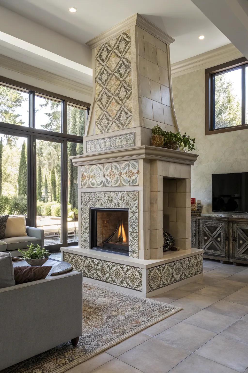 Versatile ceramic tile fireplace adapting to any style.