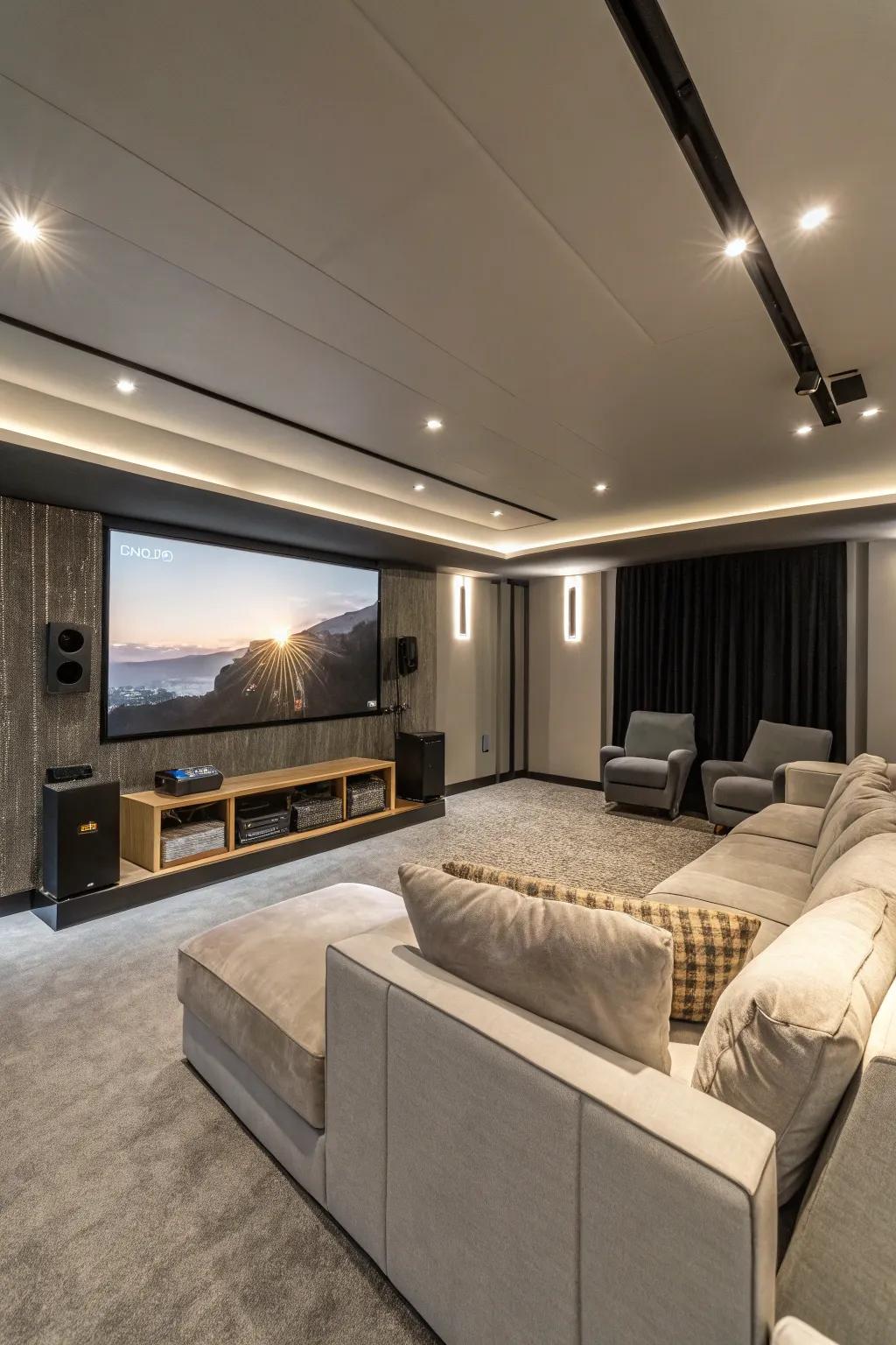 A home theater experience within a modern flex room.