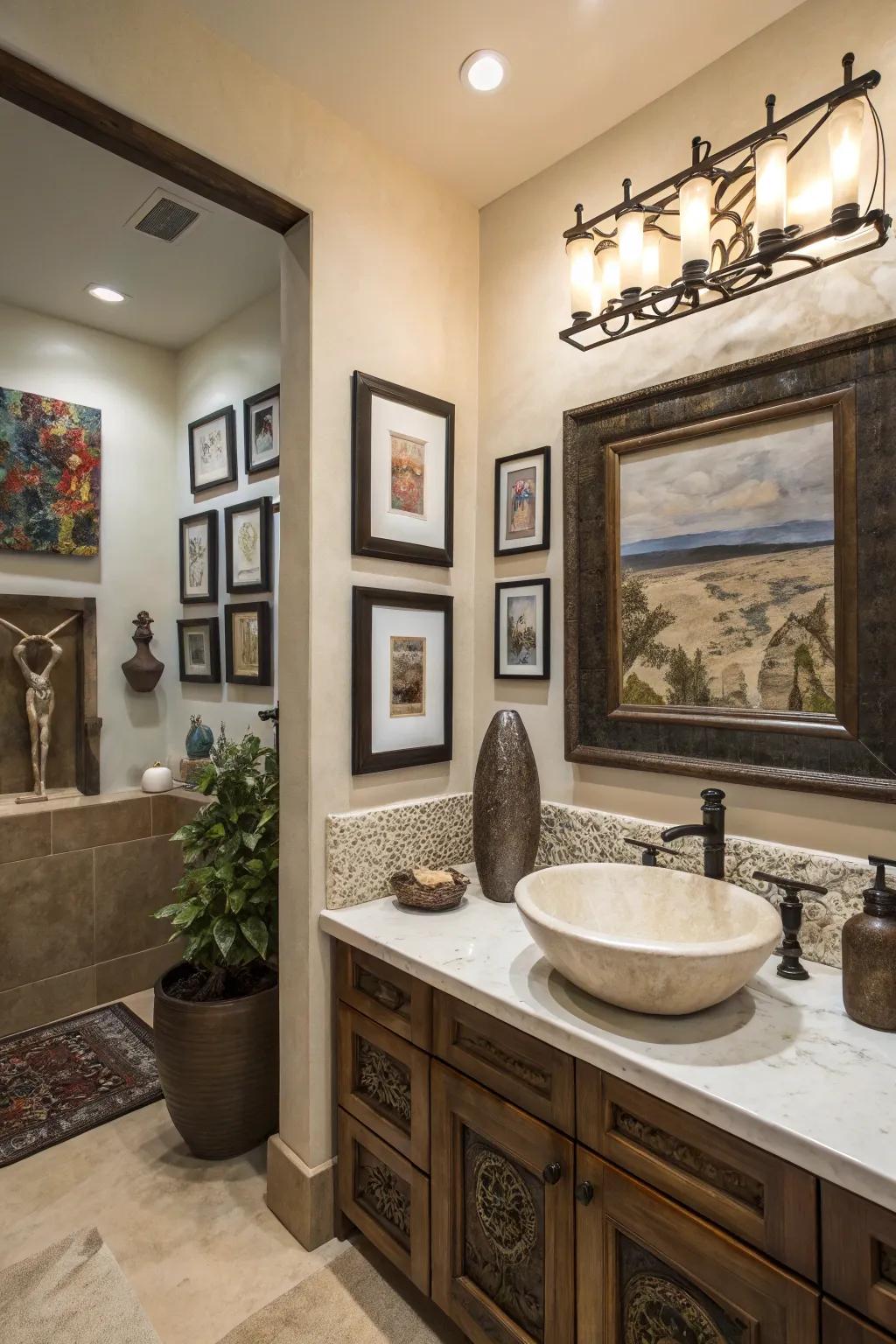 Artistic touches personalize and elevate the bathroom space.