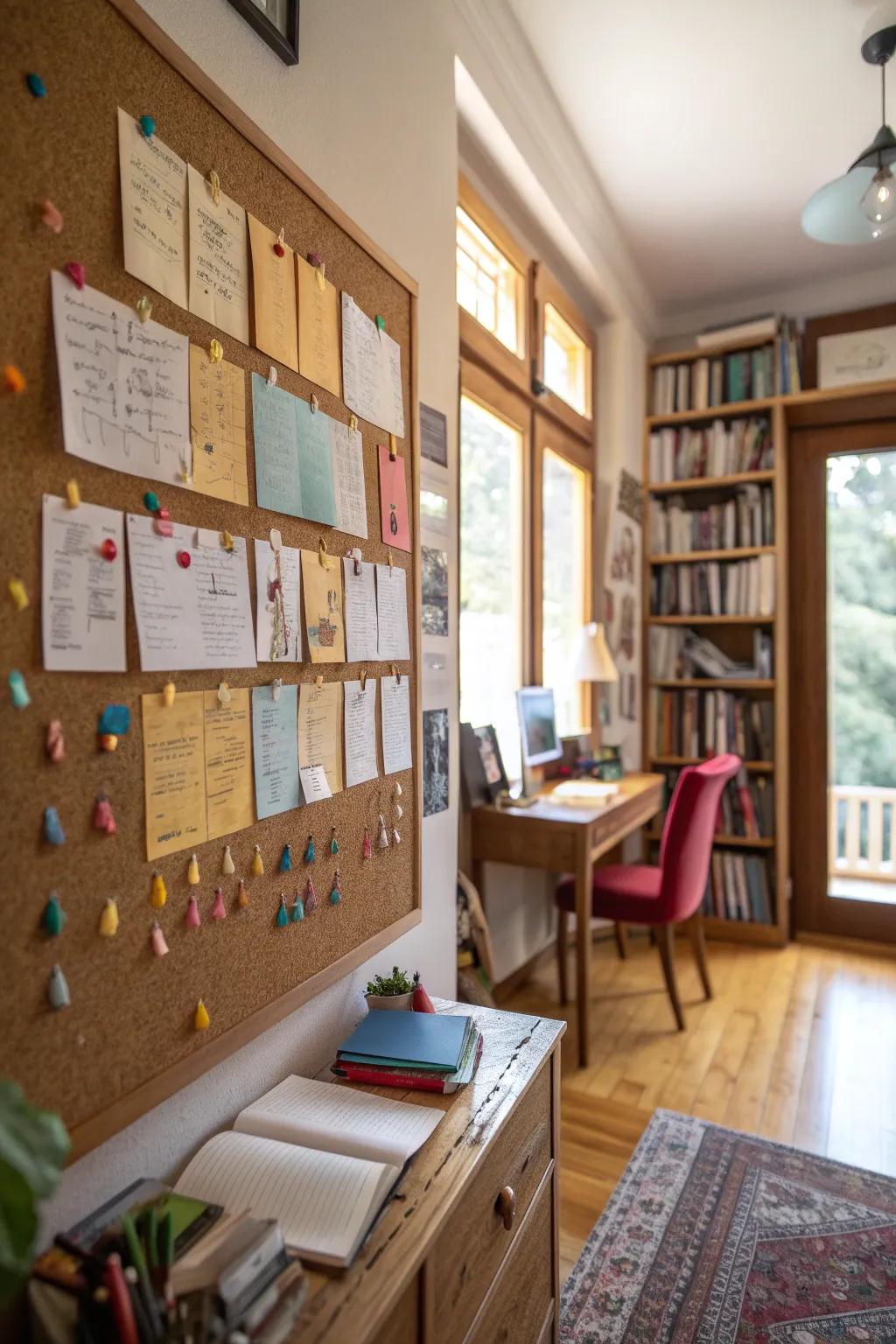 A study room with a personalized inspiration board.