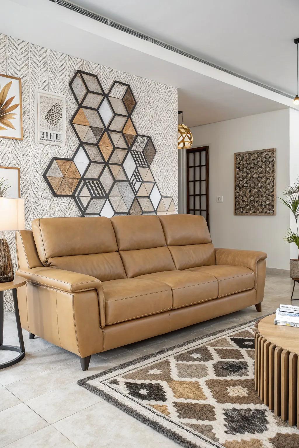 Geometric patterns add structure to a living room setting.