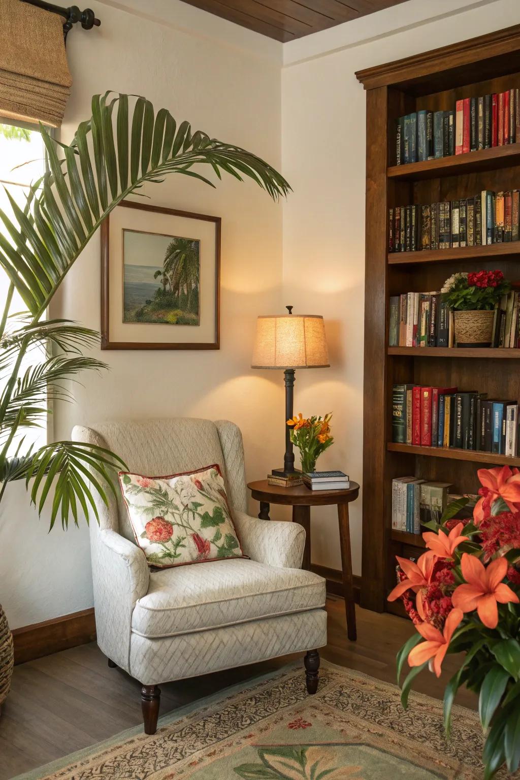 A cozy reading nook offers a peaceful escape with tropical charm.