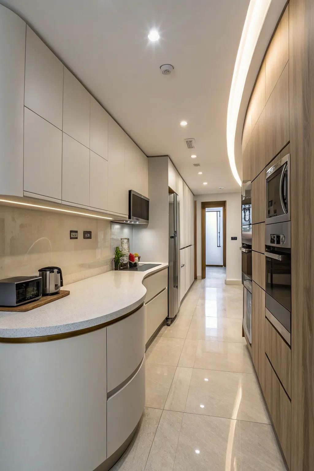 Curved lines can soften and enhance the flow of a narrow kitchen.