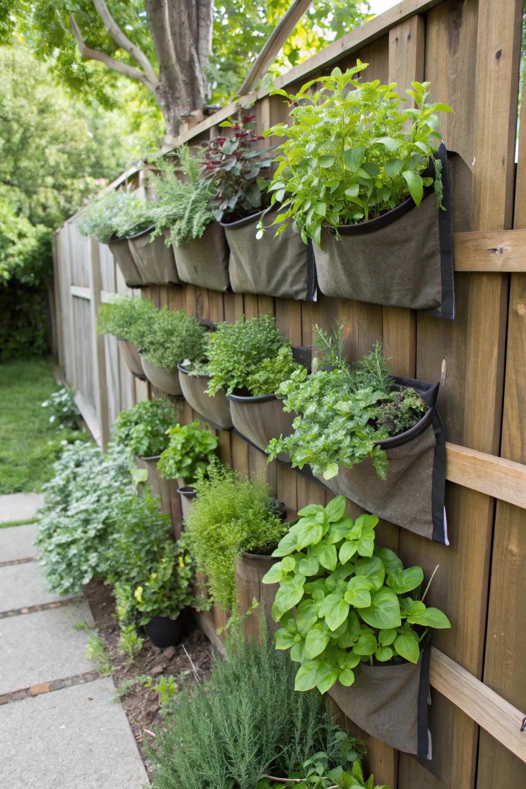 A space-saving vertical garden with a lush array of herbs.