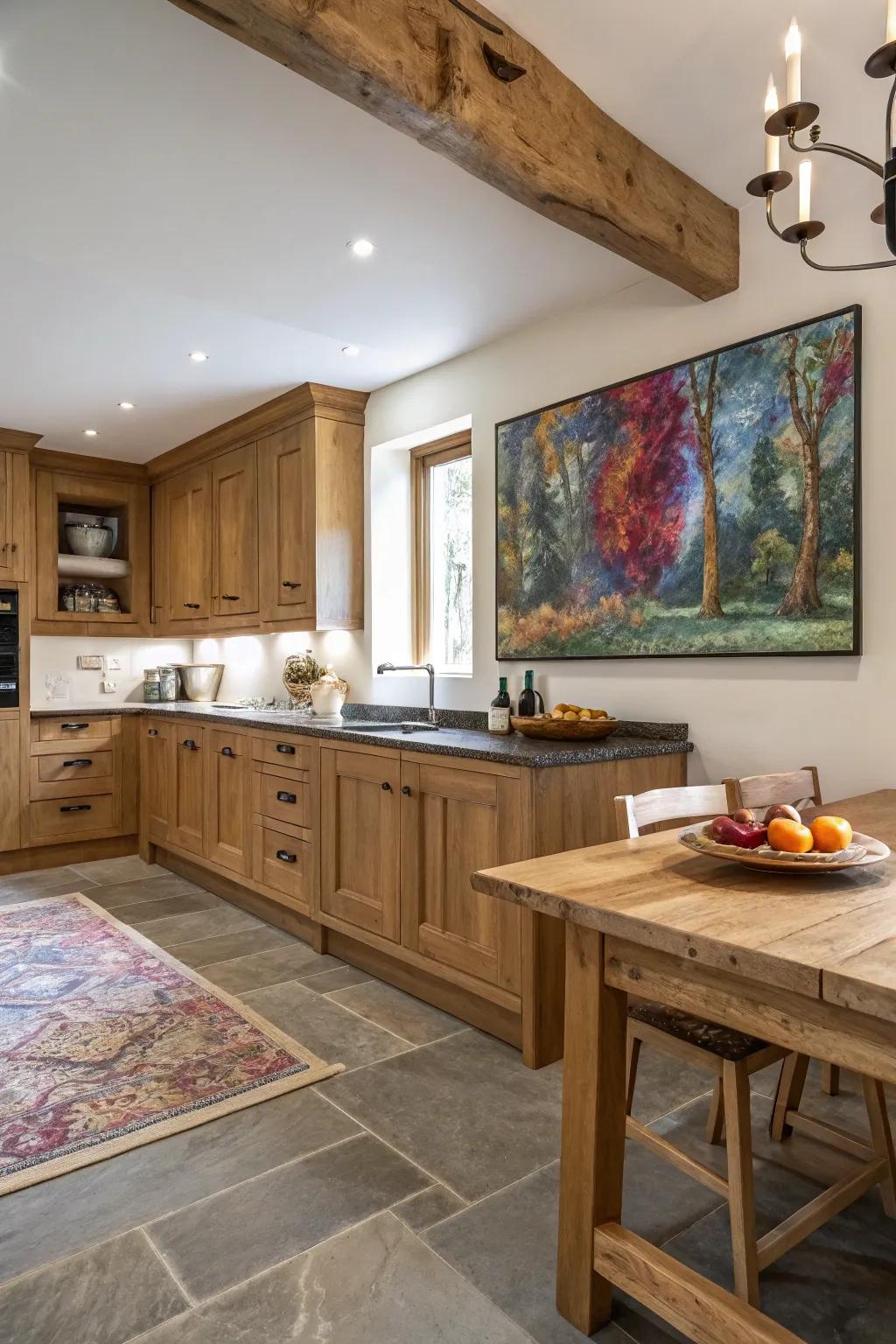 Wall art adds personality and visual interest to oak kitchens.