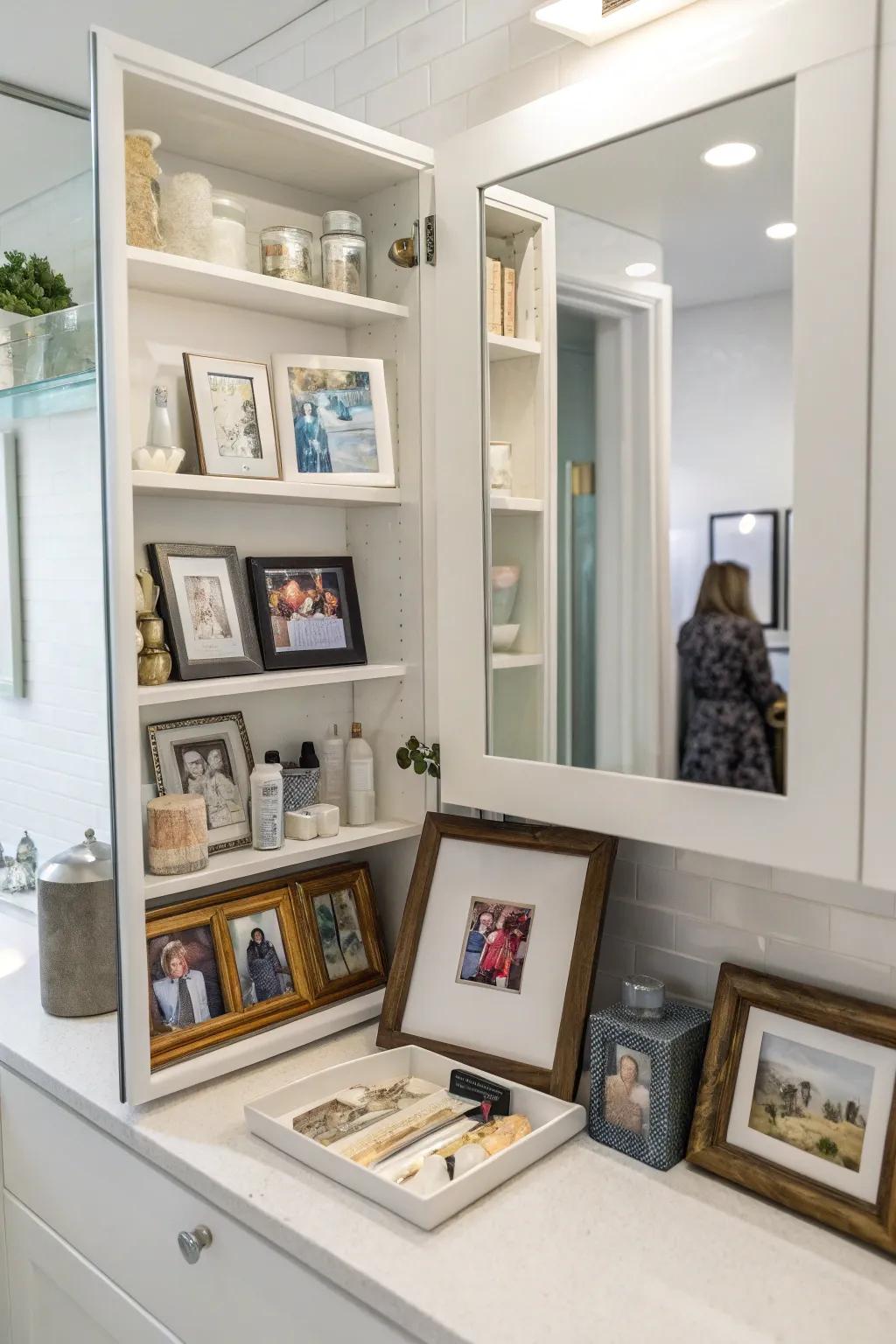 Personal touches transform open shelves into a personalized space.