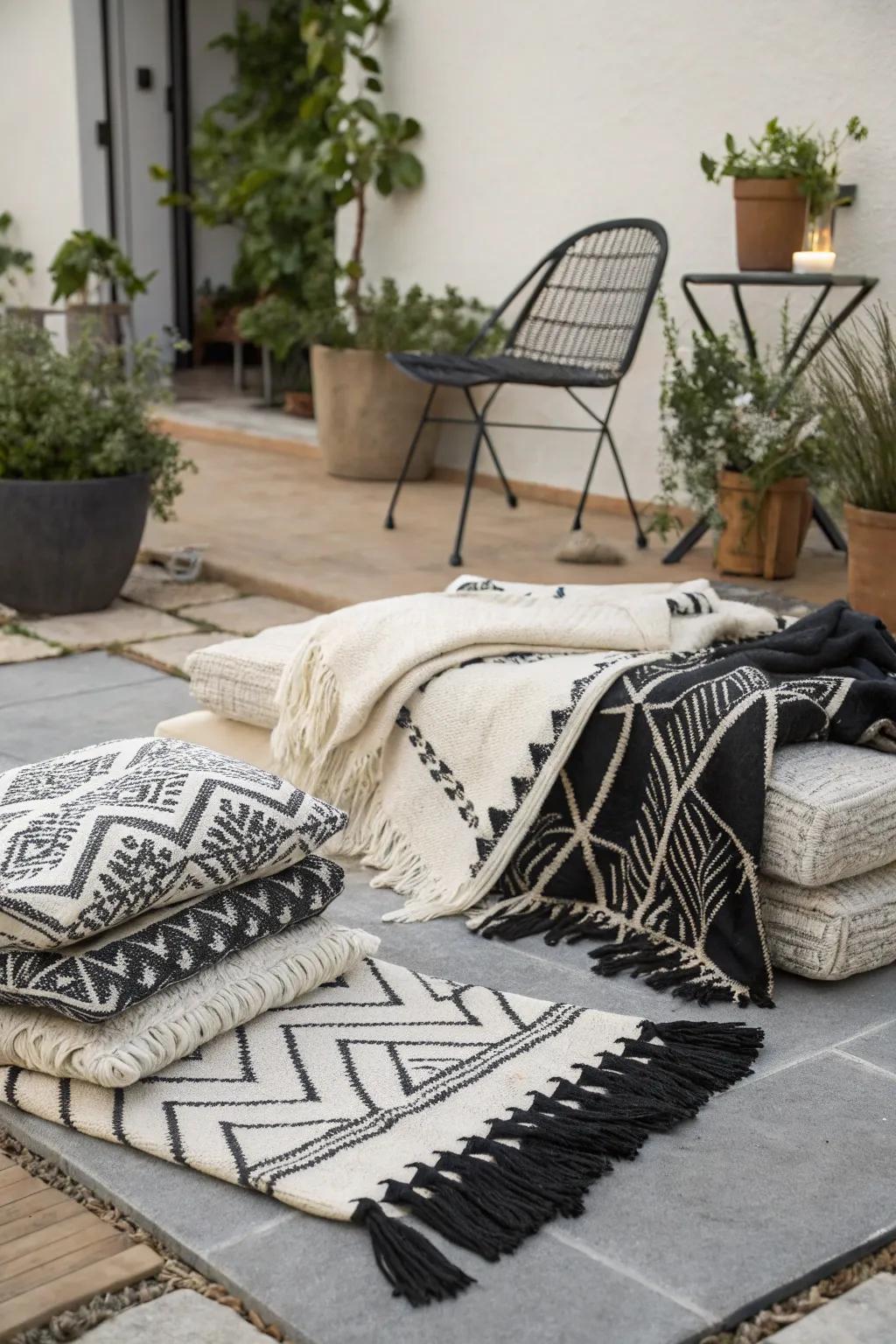 Layered textures create a warm and inviting patio atmosphere.