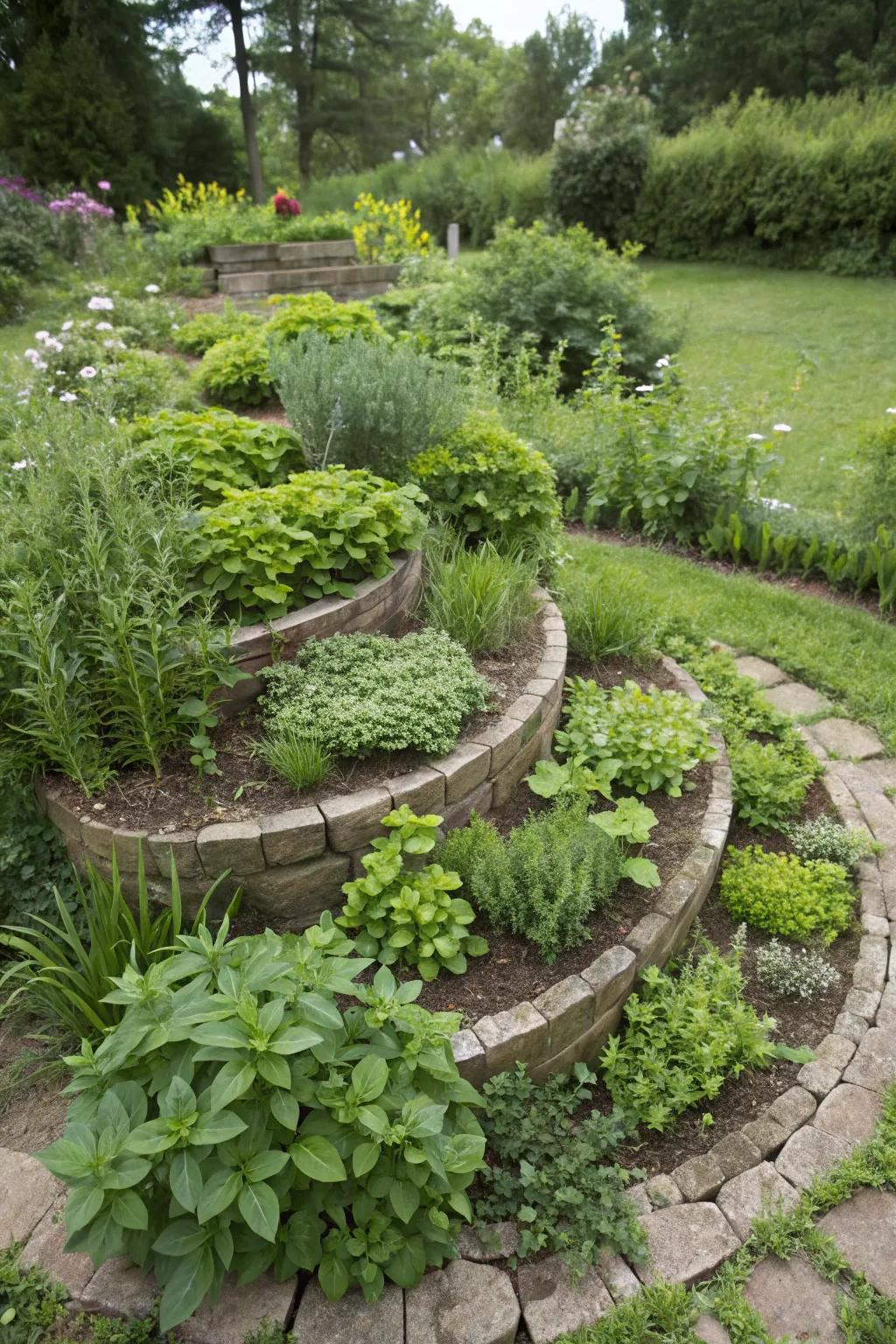 A herb spiral optimizing space and creating a functional garden feature.