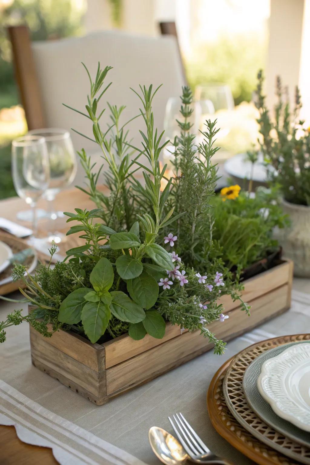 A garden-inspired centerpiece with fresh herbs.