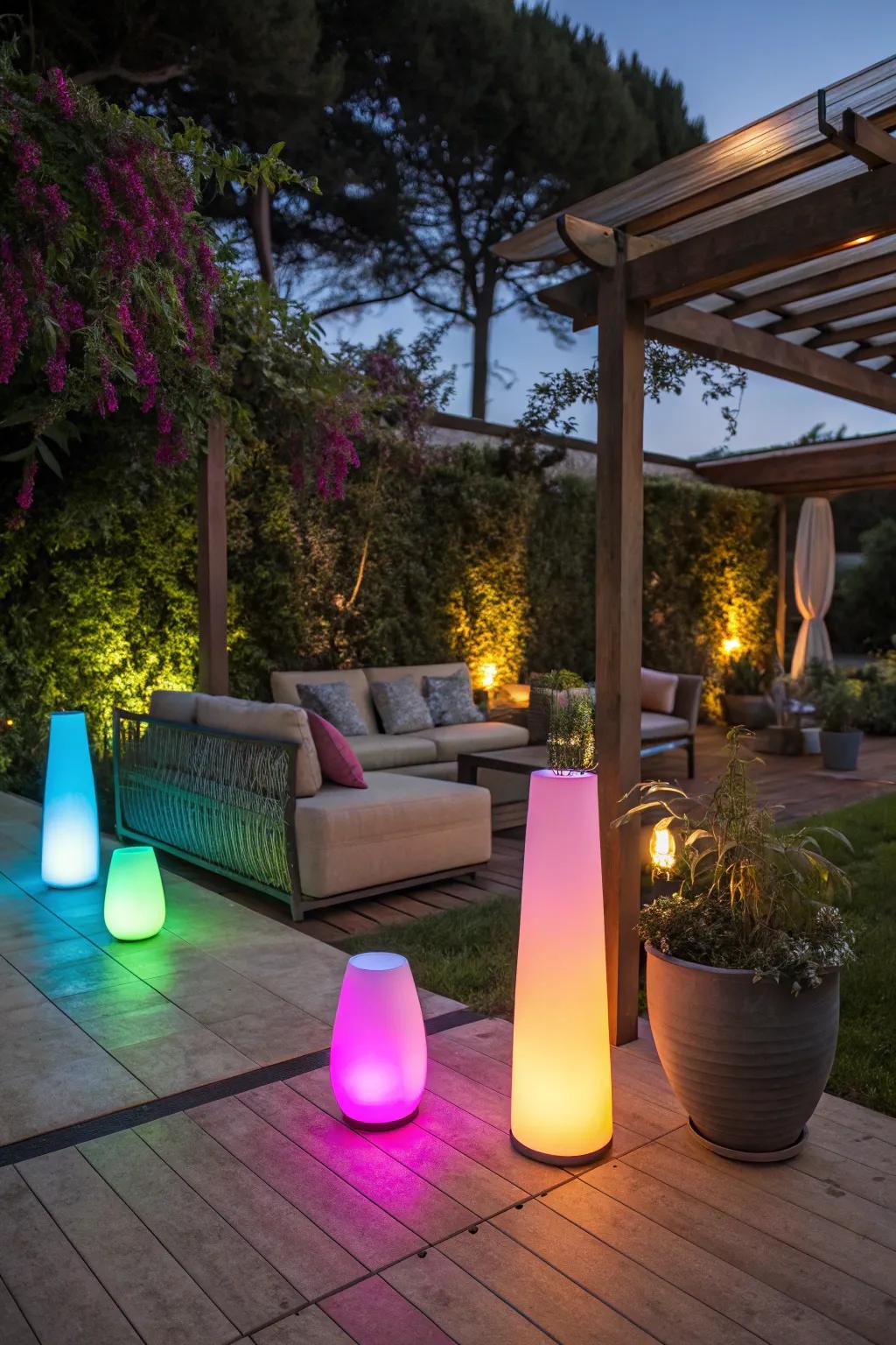 Color-changing LEDs offer a dynamic and fun lighting option for your patio.