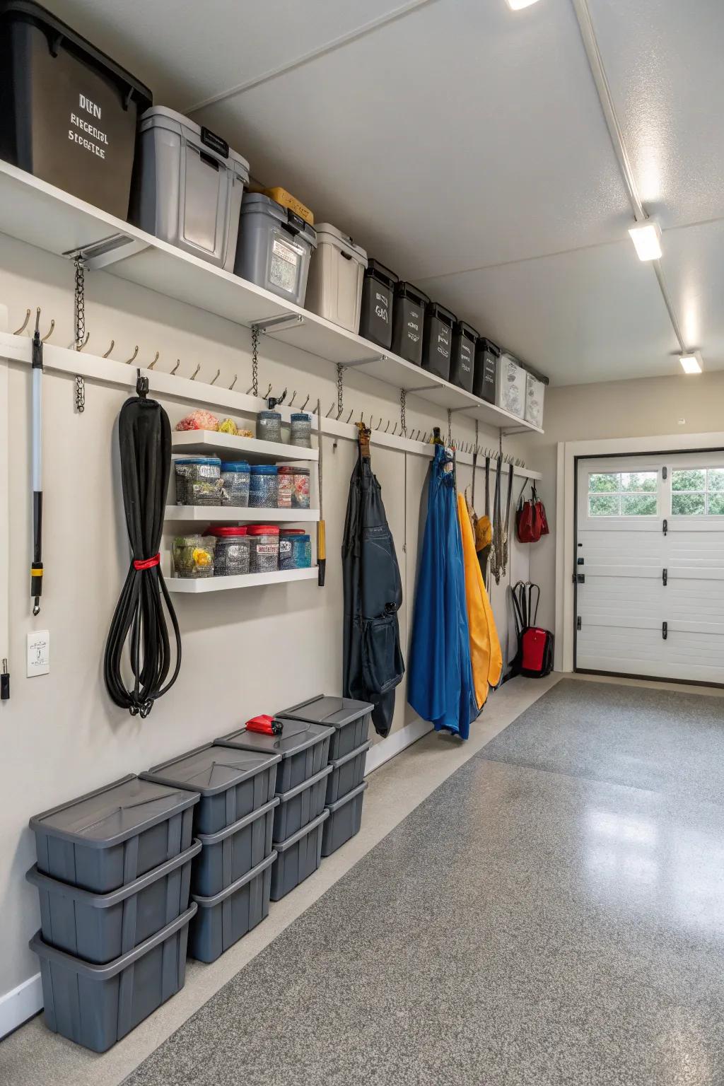 Garage hooks for safe and dry umbrella hanging.