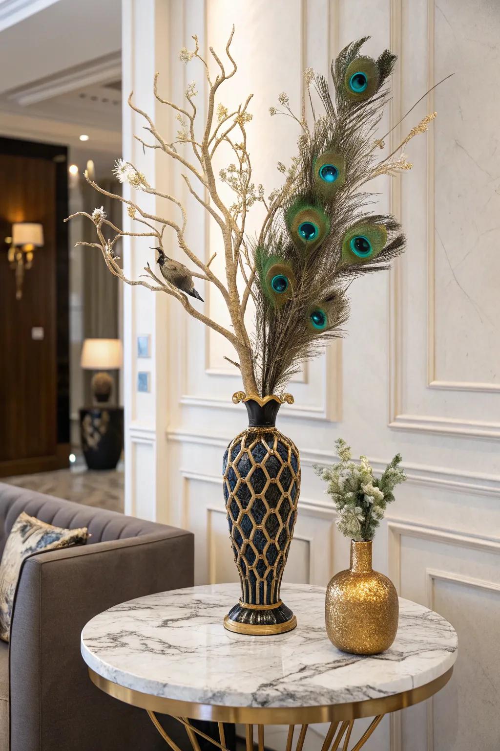 A luxurious centerpiece with gilded branches and peacock feathers.