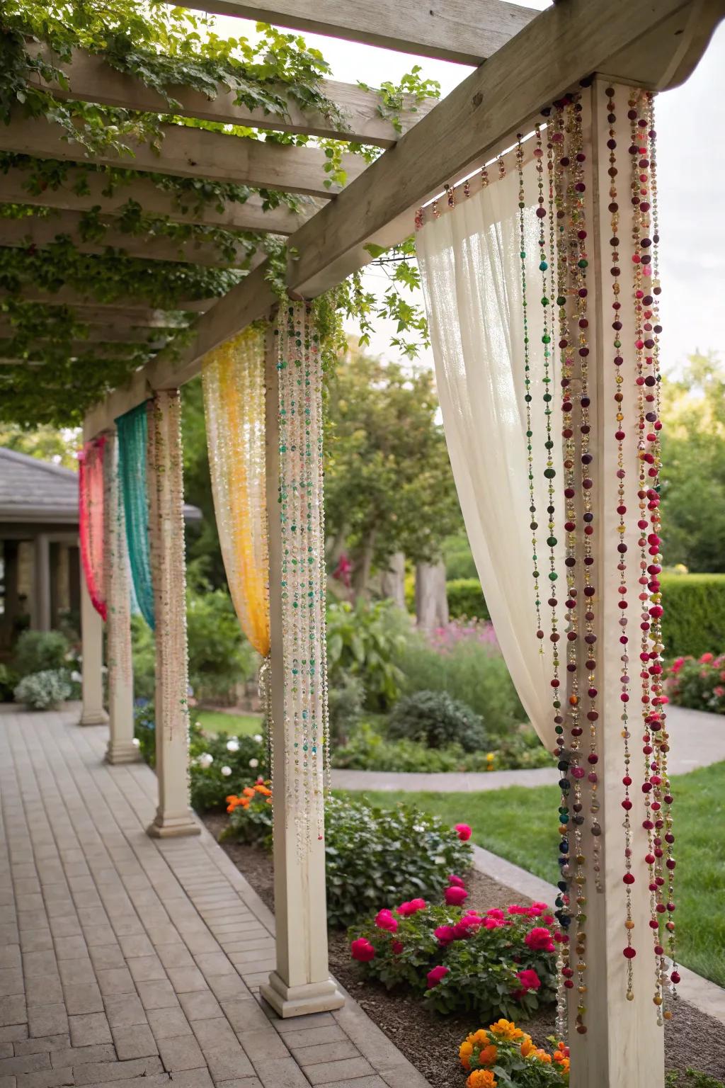 Beaded curtains add a playful and bohemian touch to the pergola.