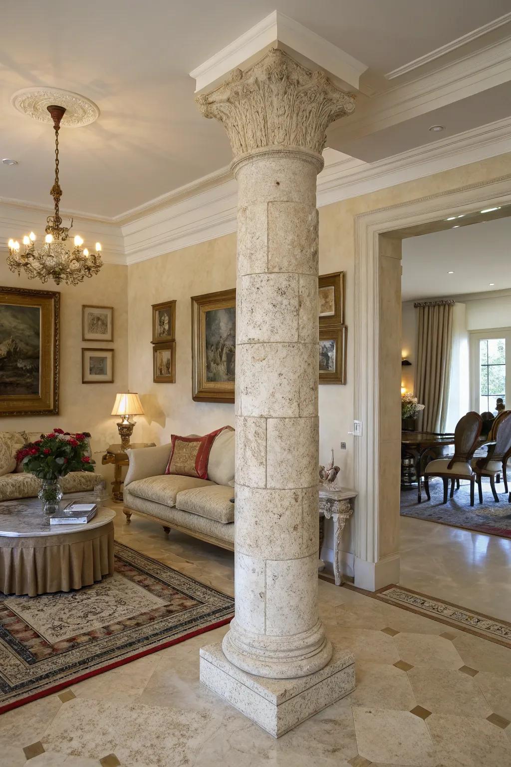 Natural stone covers lend timeless elegance to pillars.