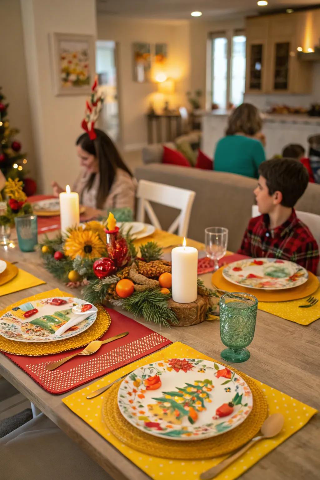 Festive placemats add a celebratory touch to holiday meals.