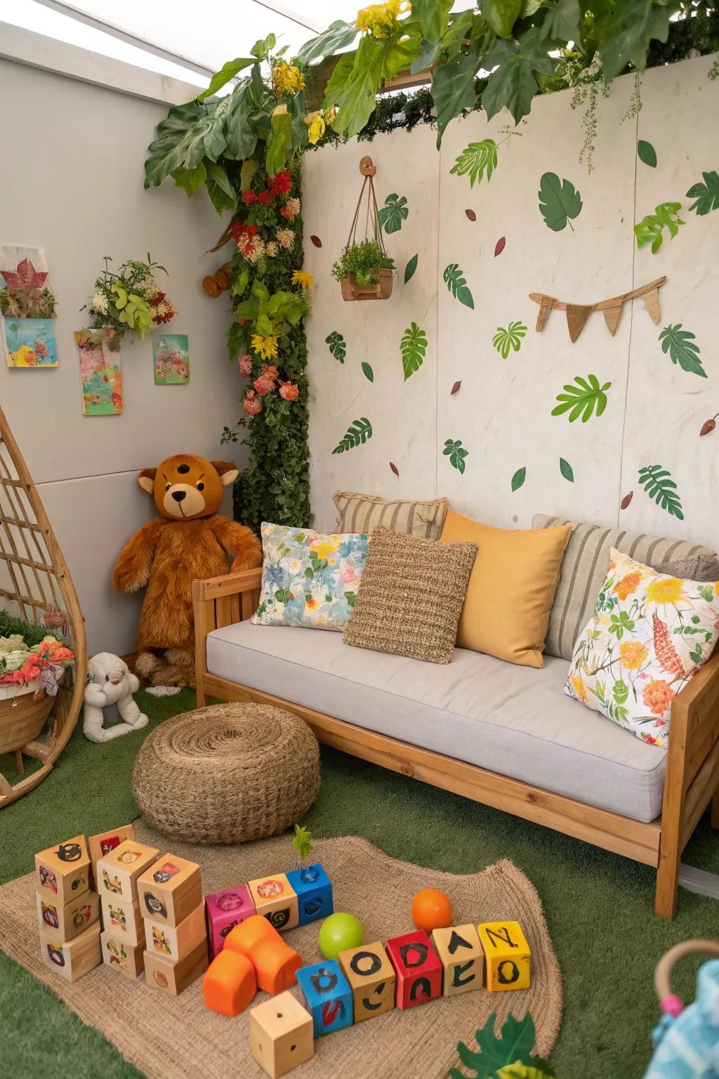 A refreshing playroom with an outdoor-inspired couch.