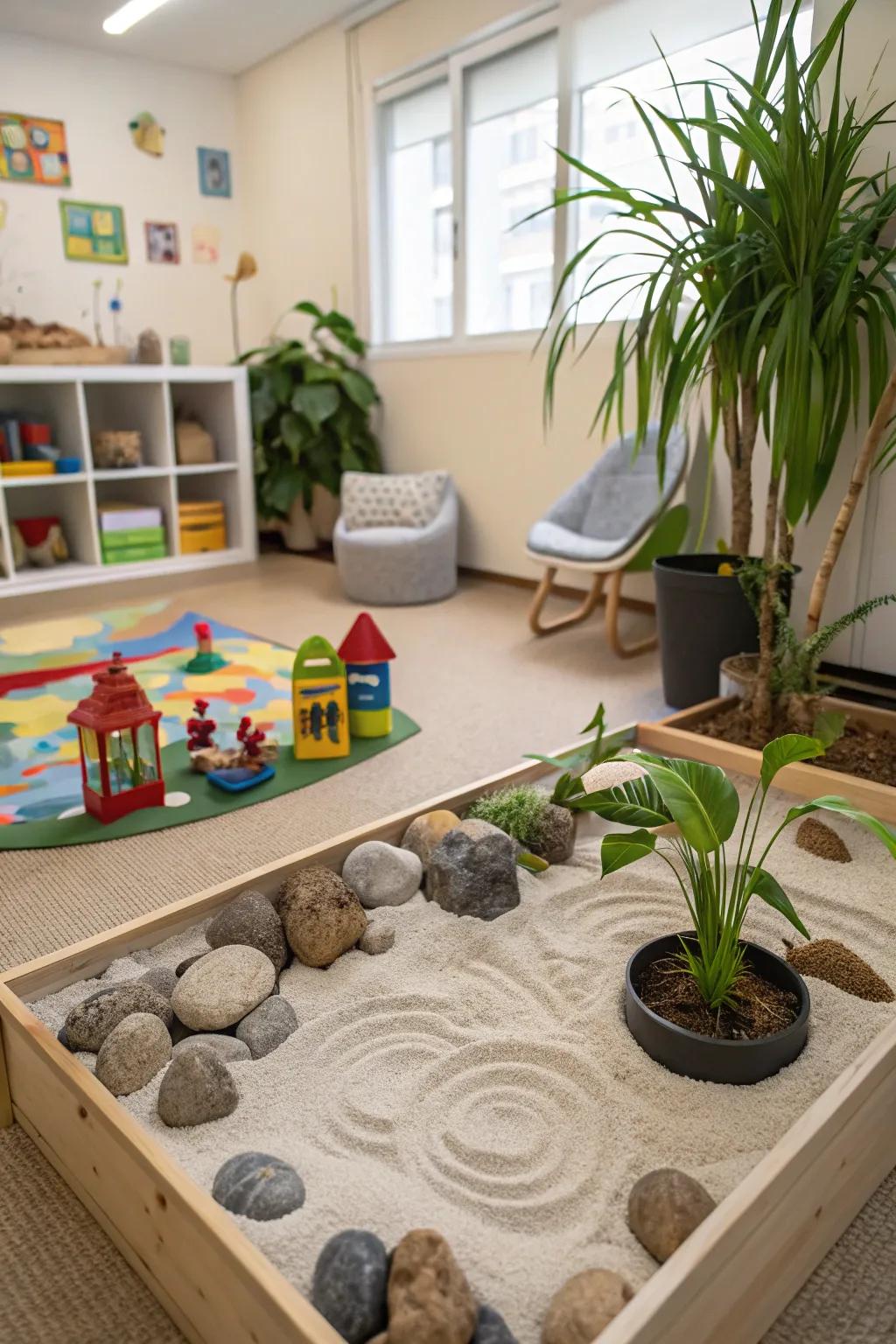 A calming Zen garden bringing tranquility to the playroom.