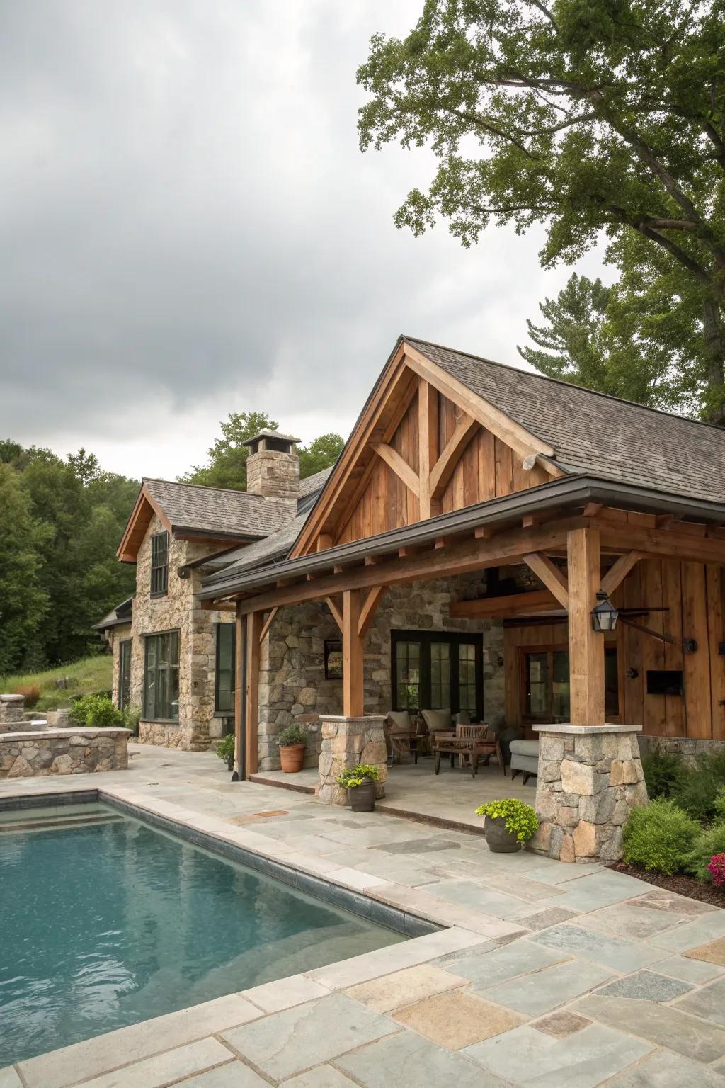 Create a rustic retreat with natural wood and stone elements