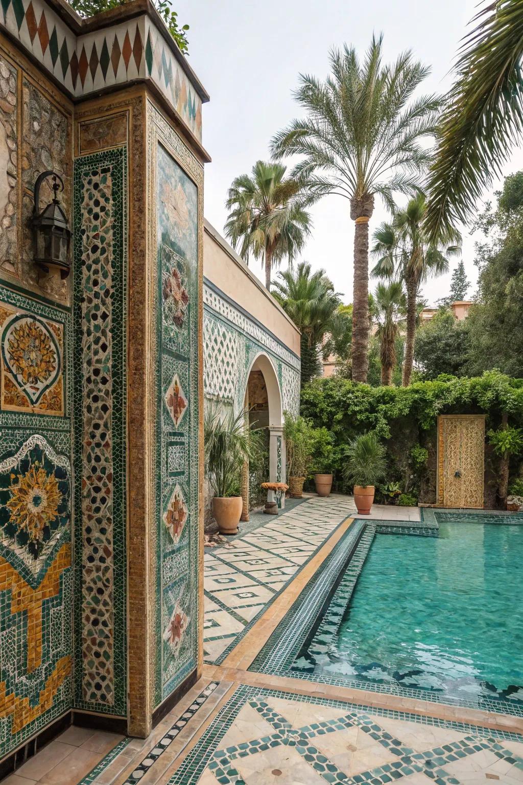 Transform your pool area with stunning mosaic tile art.