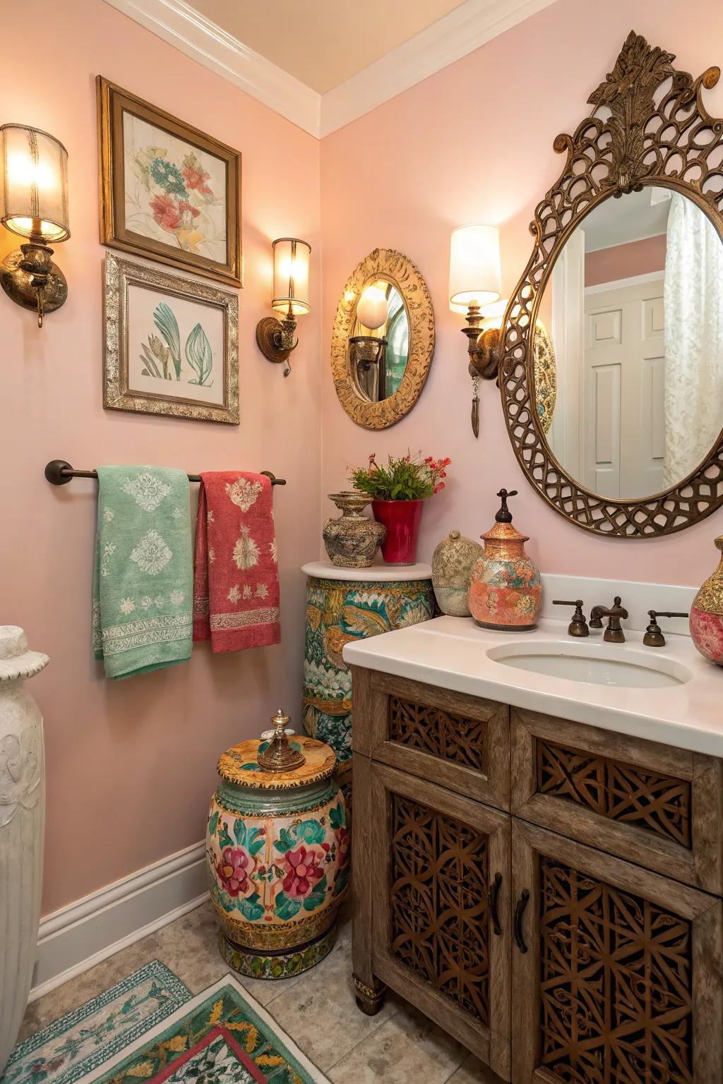 A powder room brought to life with eclectic and personal accessories.