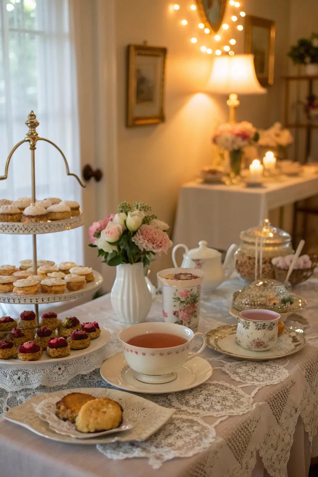 A dining area styled for a vintage tea party, featuring delicate china and an assortment of teas and pastries.