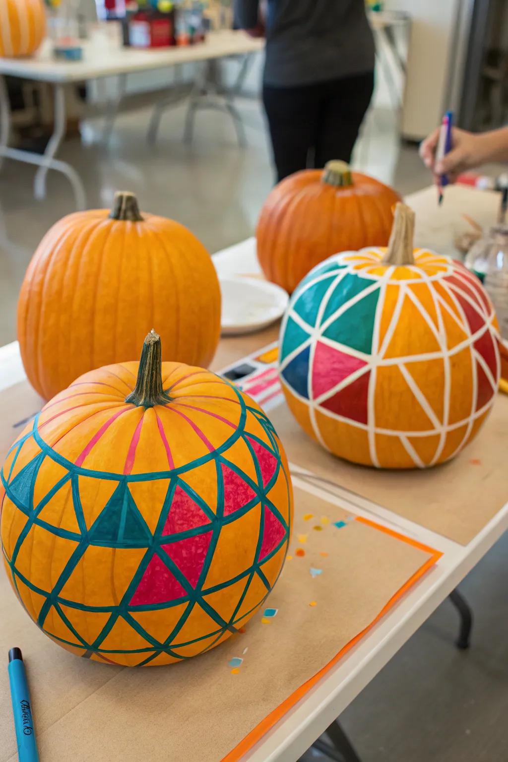 Tape art pumpkins with striking geometric patterns.