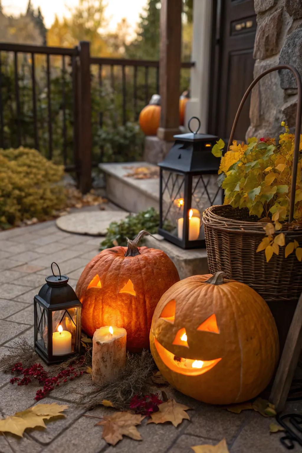 Pumpkin lanterns casting a magical glow at the wedding.