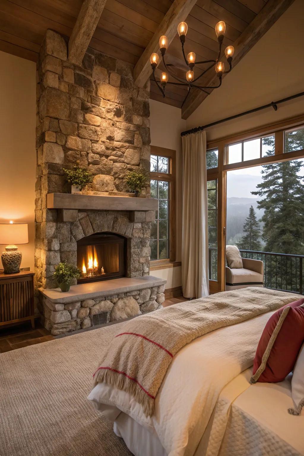 A bedroom featuring a stone fireplace and a cozy ambiance.