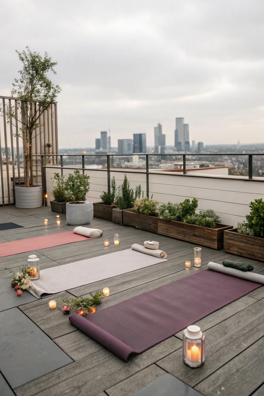 A peaceful rooftop yoga and meditation space.