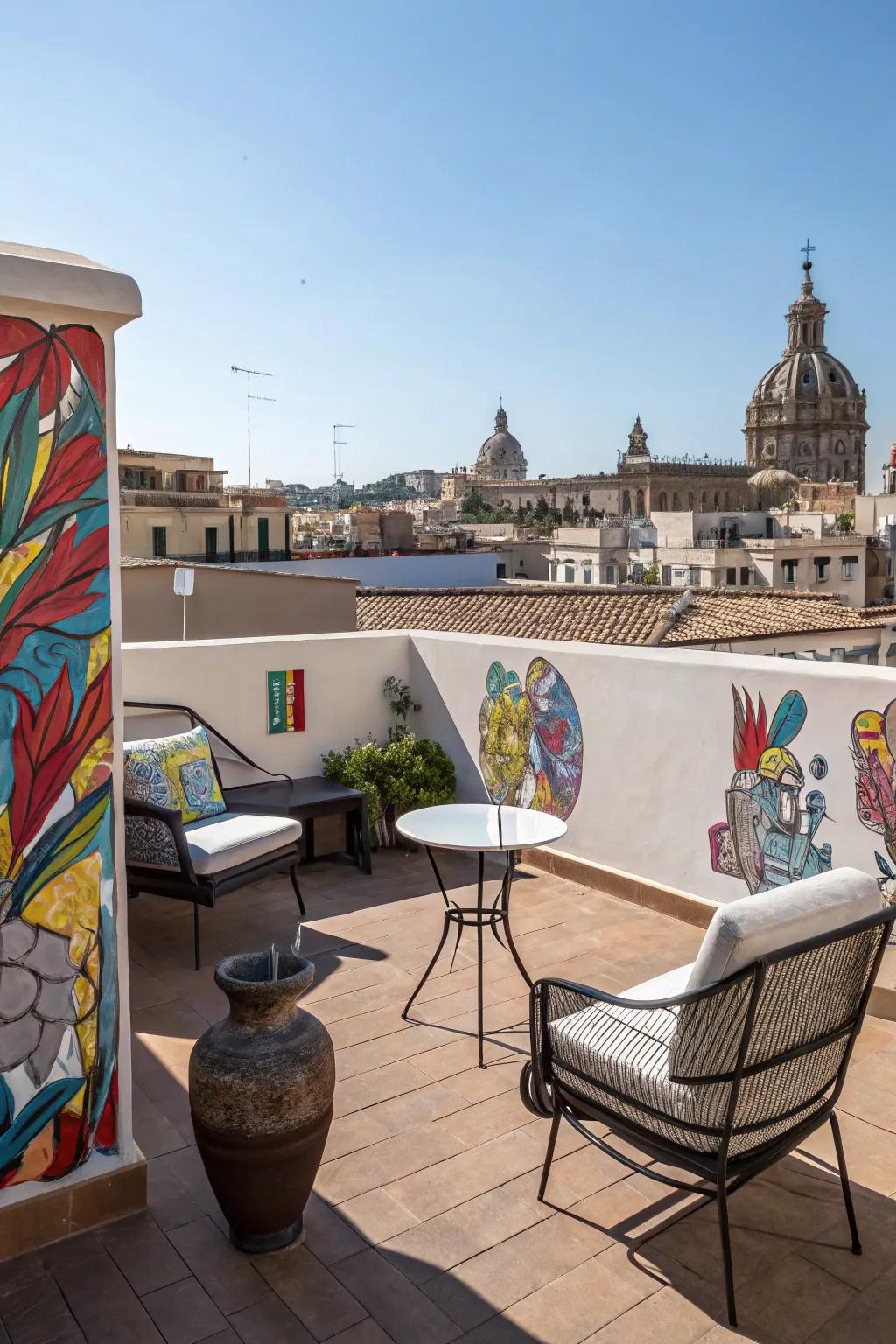 Artistic accents bring personality and intrigue to a rooftop.