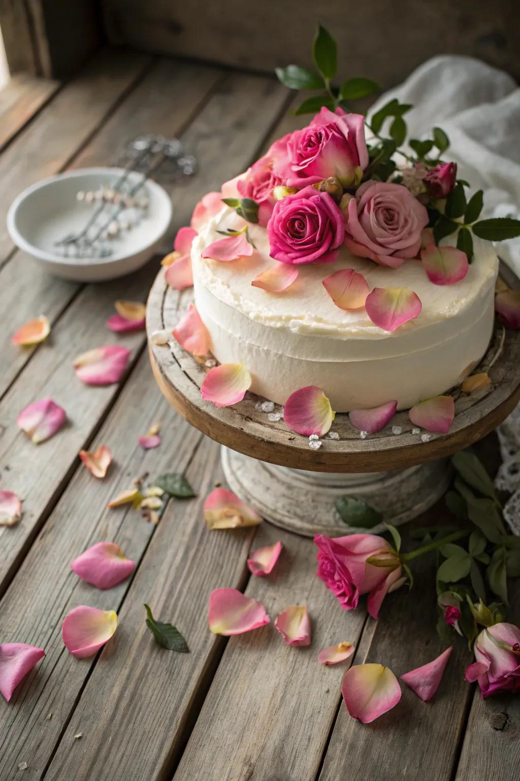 A cake beautifully adorned with fresh rose petals