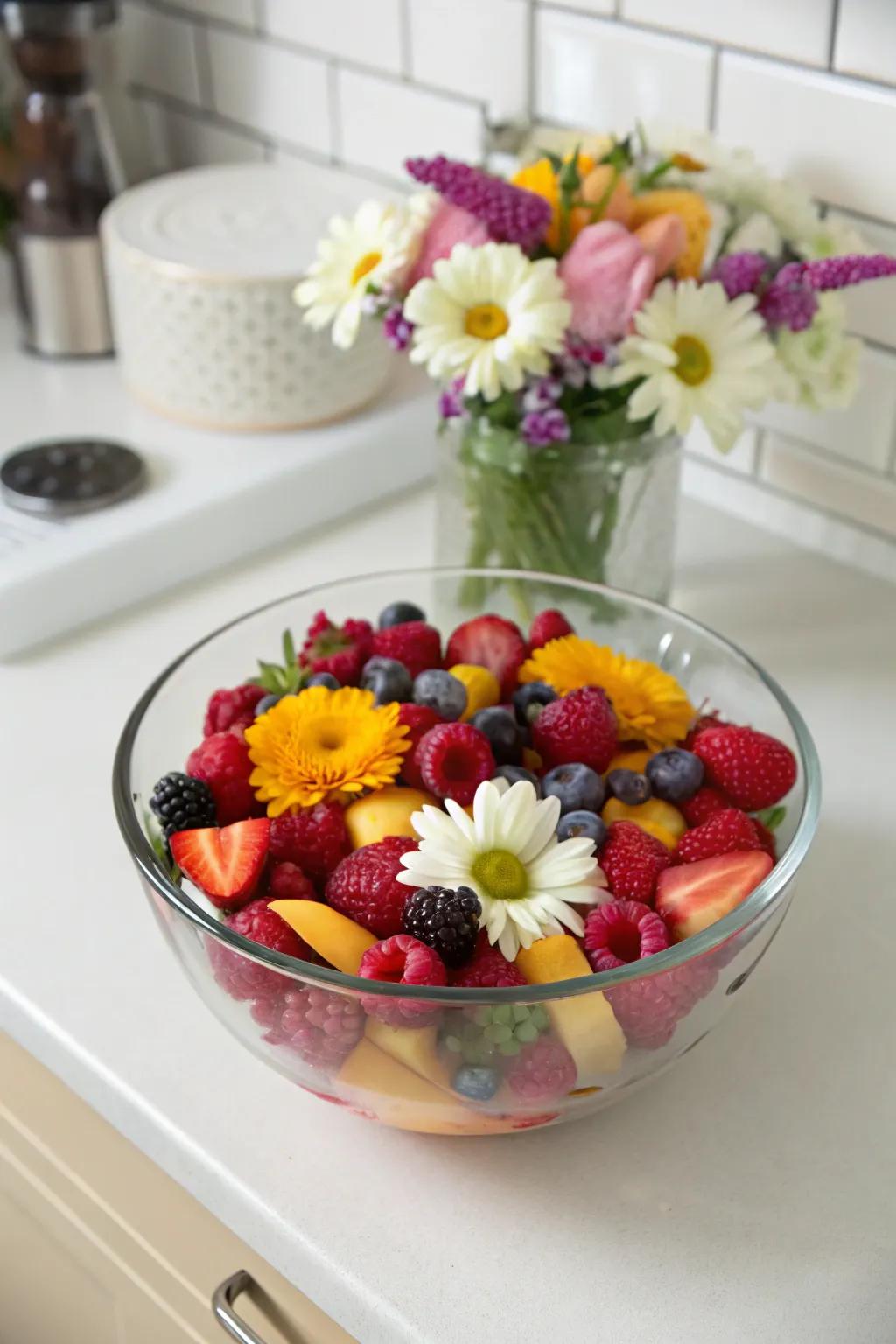 Bold color contrast in a glass bowl adds a vibrant and lively touch.