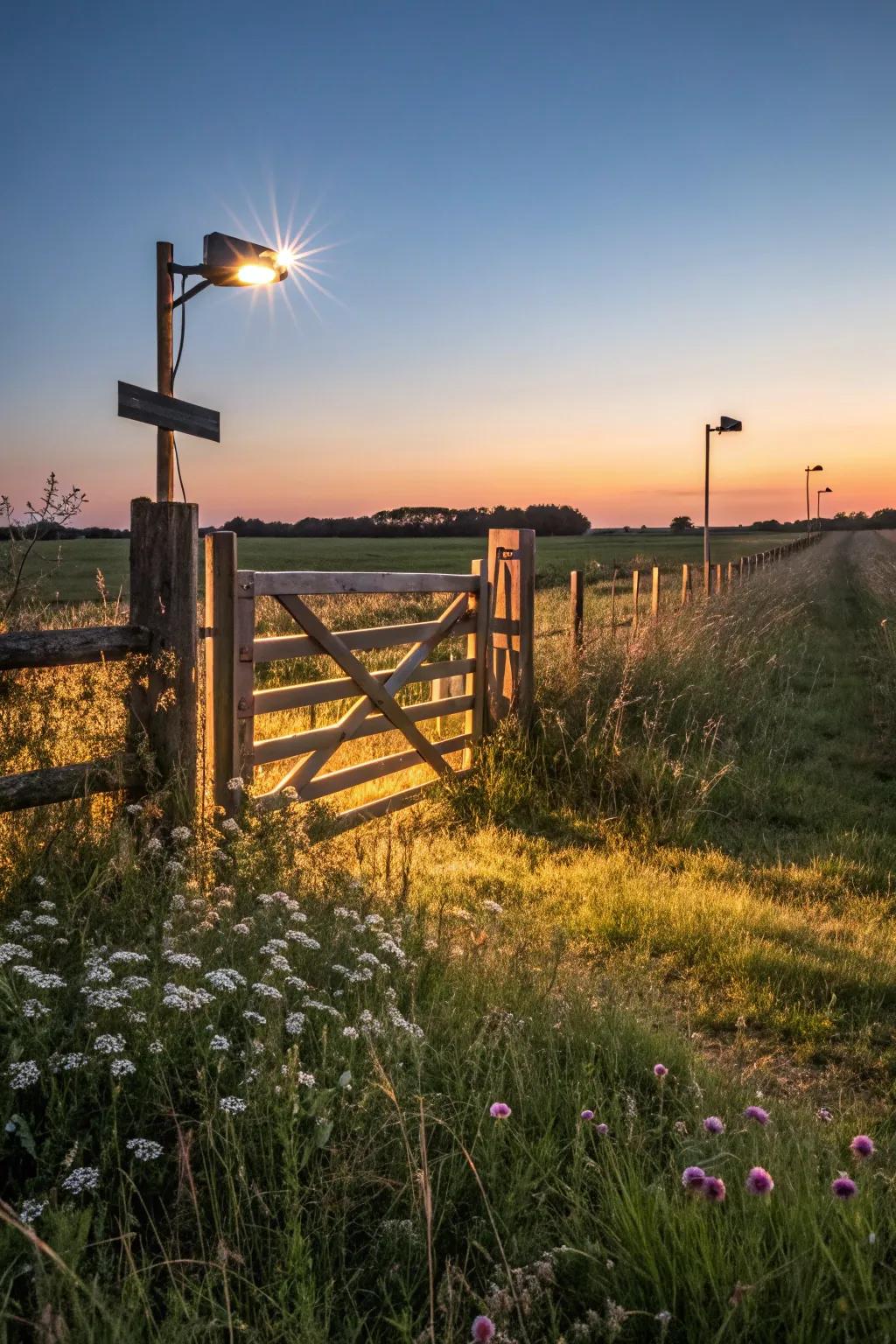 A farm gate beautifully lit with solar-powered lights.