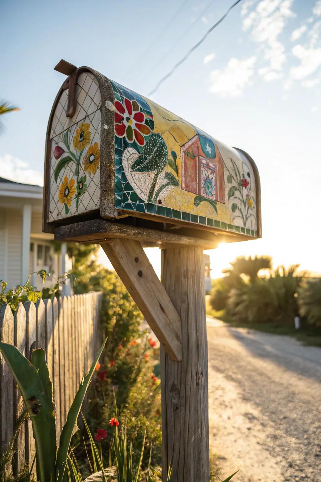 Mosaic tiles turn this mailbox post into a colorful work of art.