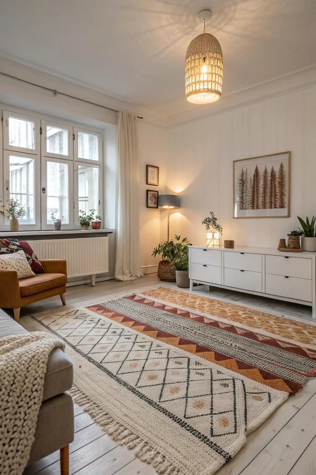 Layered rugs bring warmth to this Scandinavian space.