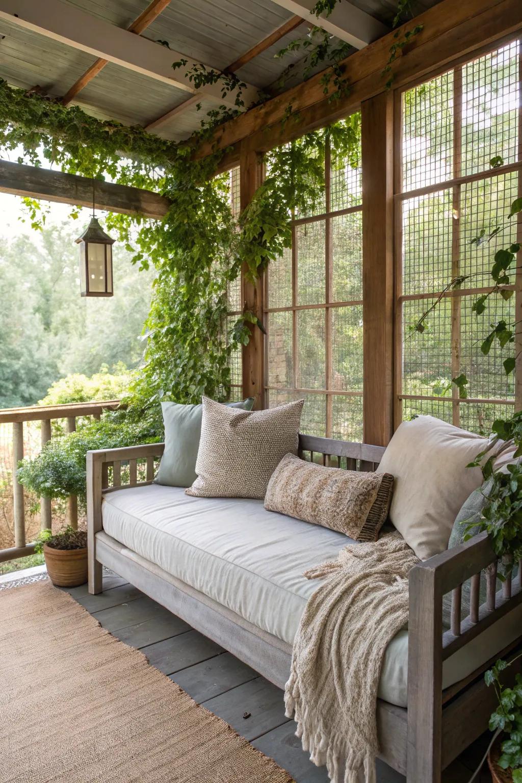 A daybed on the porch offers a cozy spot for naps and stargazing.