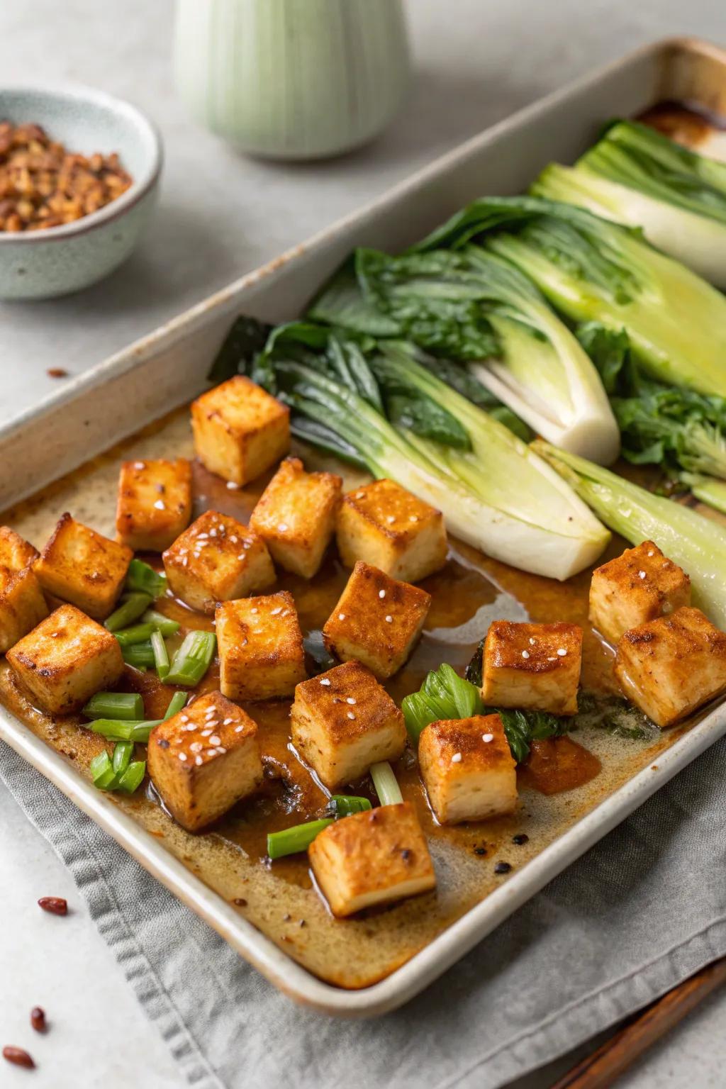 Miso-glazed tofu with bok choy, an umami-rich delight.