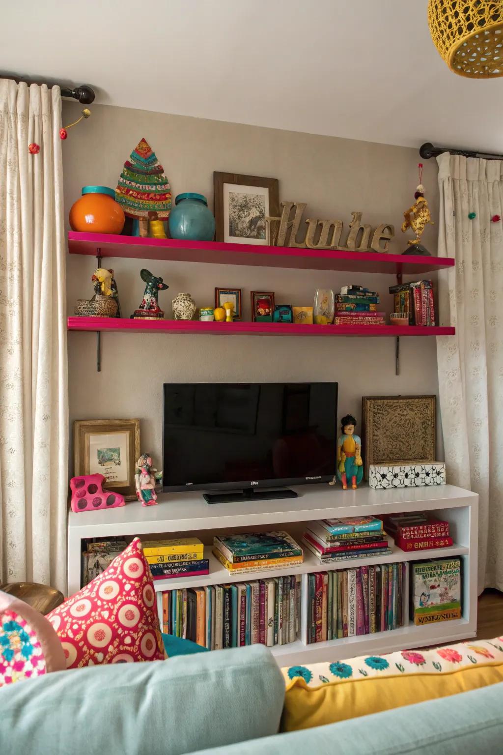 A pop of color adds energy and personality above the TV.