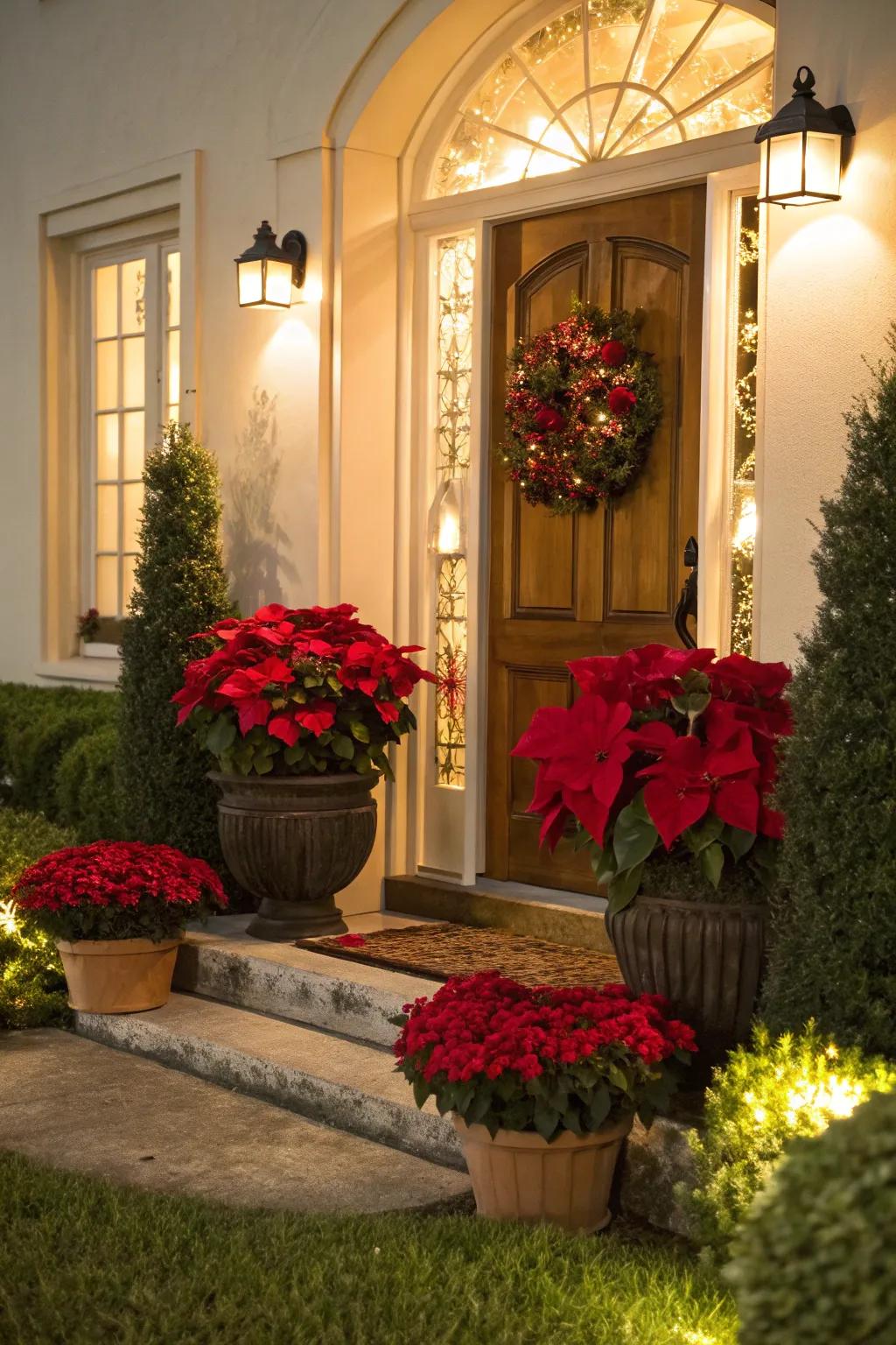 Poinsettias in planters bring vibrant holiday cheer.