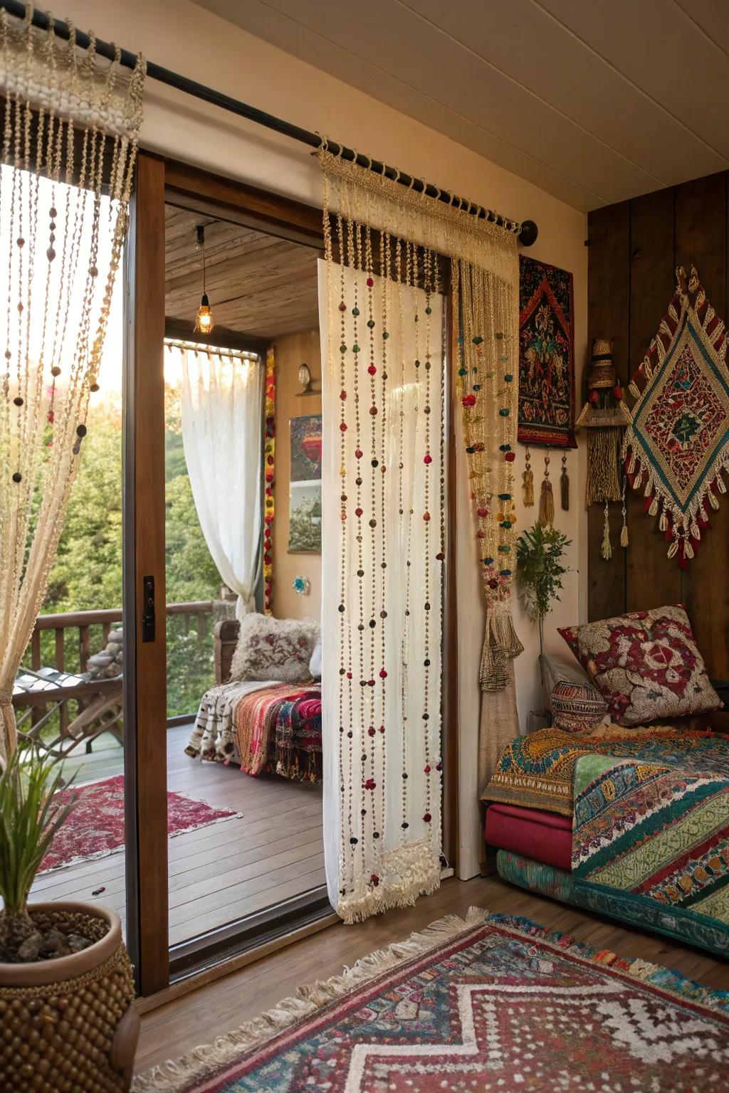 Beaded curtains bring a bohemian flair and texture.