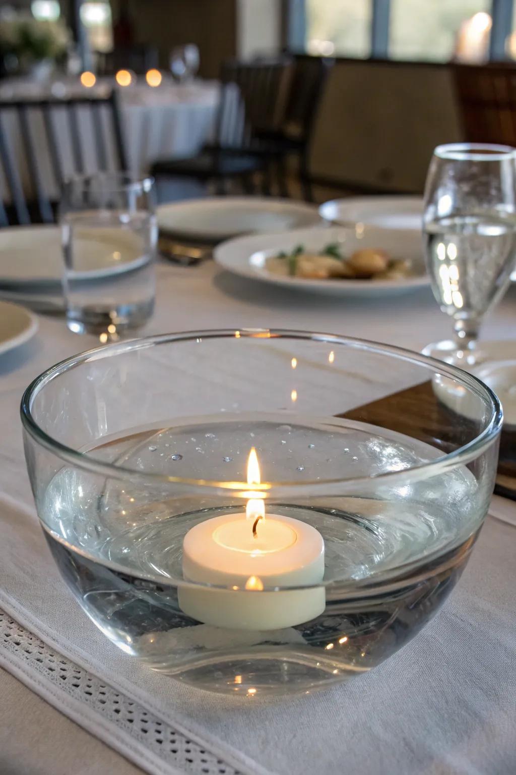 A floating candle centerpiece creates an elegant and serene ambiance.