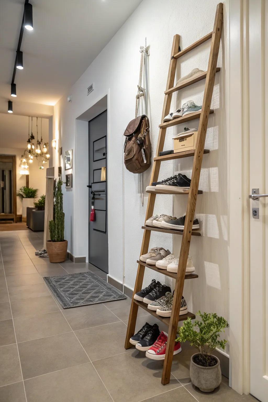 Ladder displays offer vertical and stylish shoe storage.