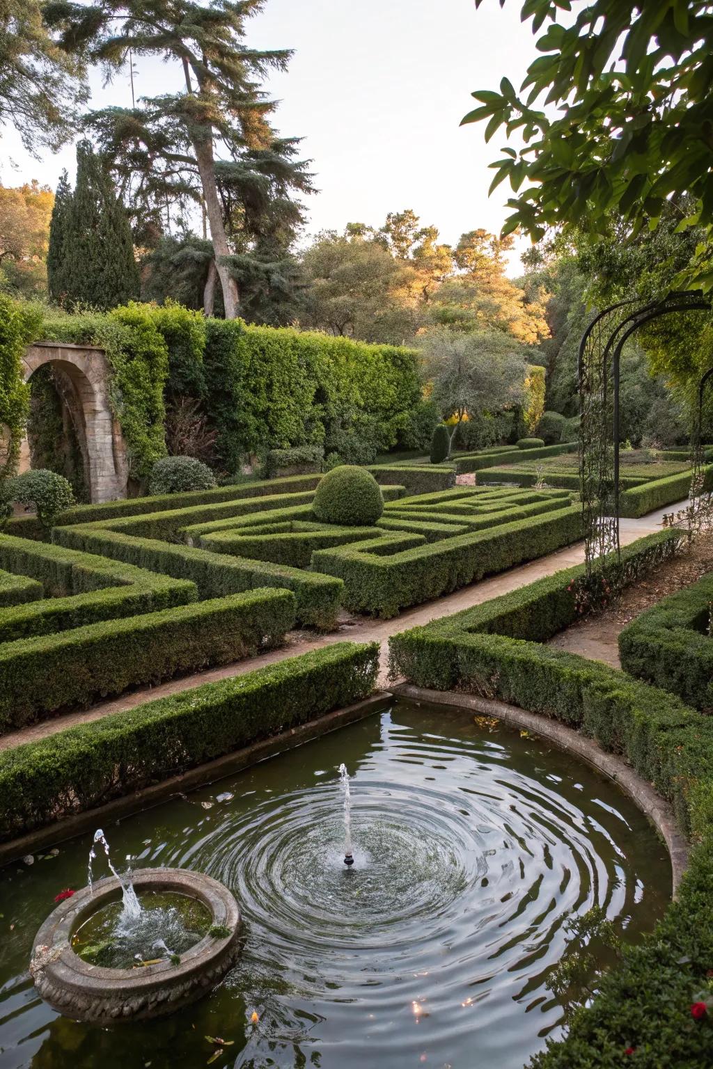 A reflective water maze adding tranquility to the garden.