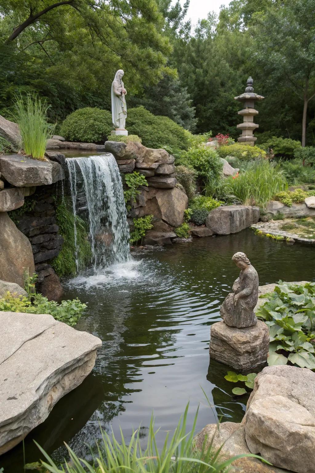 Artistic sculptures elevate your pond into an artful retreat.